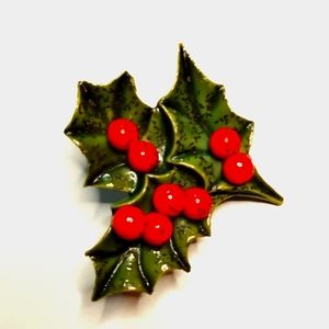 Vintage Christmas Holly Berries Enamel Brooch 2"